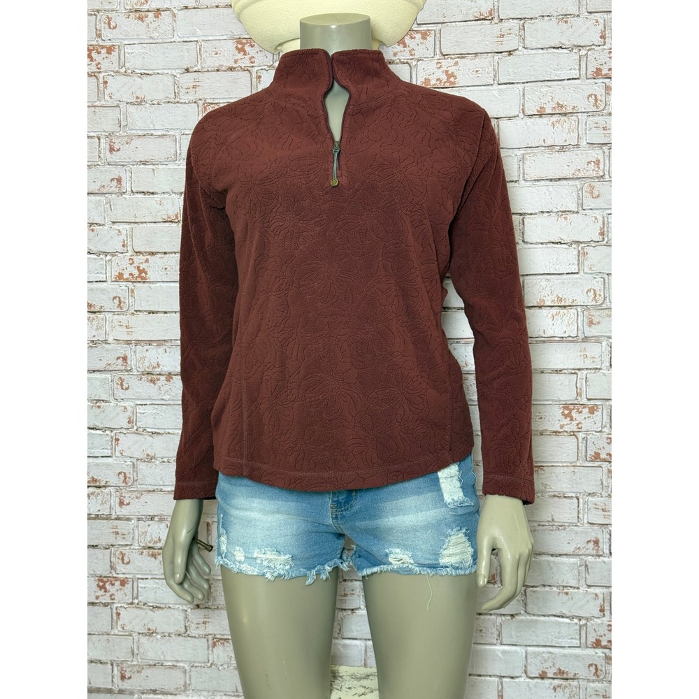 Royal Robbins Womens Burgundy Floral Embossed Quarter Zip Fleece Pullover Medium